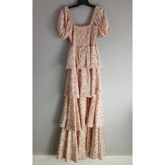 Entro Women's Size Small Tiered Maxi Dress Floral Stretch Puff Sleeve Lined Long - Picture 13 of 15